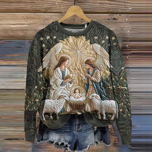Comstylish Christmas Nativity Print Round Neck Casual Sweatshirt