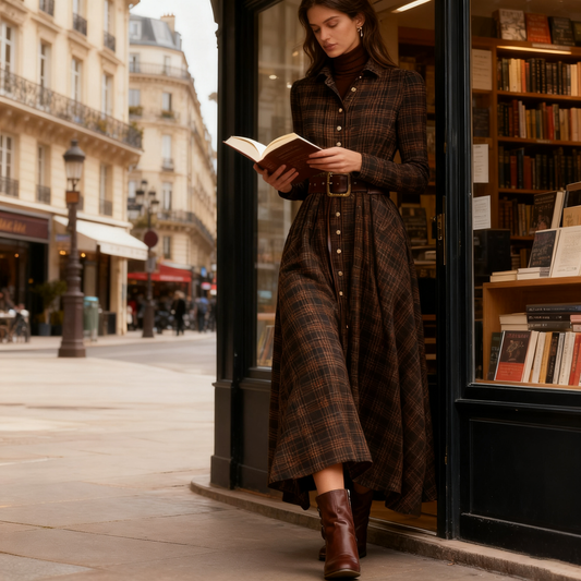 Vintage Plaid Inspired Autumn Winter Long Sleeve Button-up Shirt Maxi Dress artswardrobe