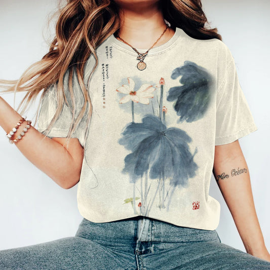 Comstylish Japanese Retro Orchid Ink Wash Painting Art Linen Casual Cotton T-Shirt