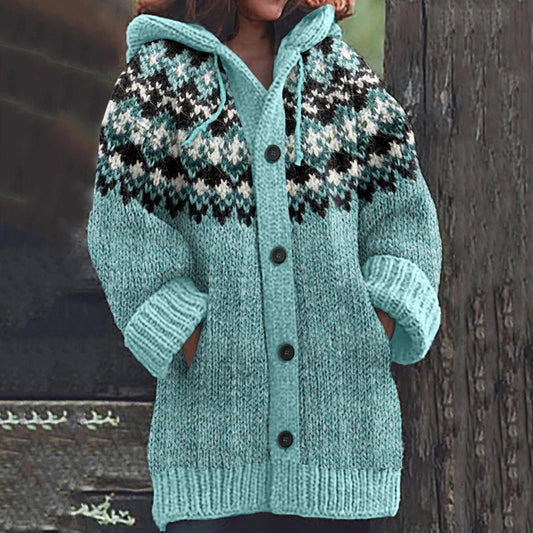 Fairman Island Geometric Contrast Print Hooded Sweater Cardigan elevenforest
