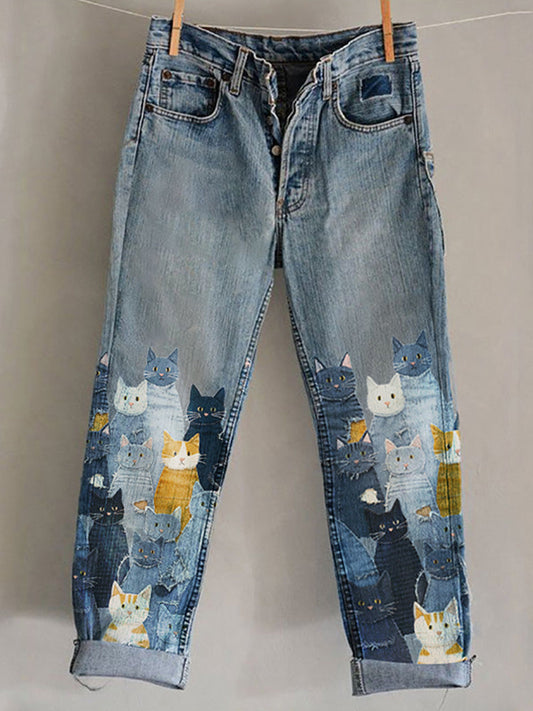 Funny Animal Embroidered Print Jeans elevenforest