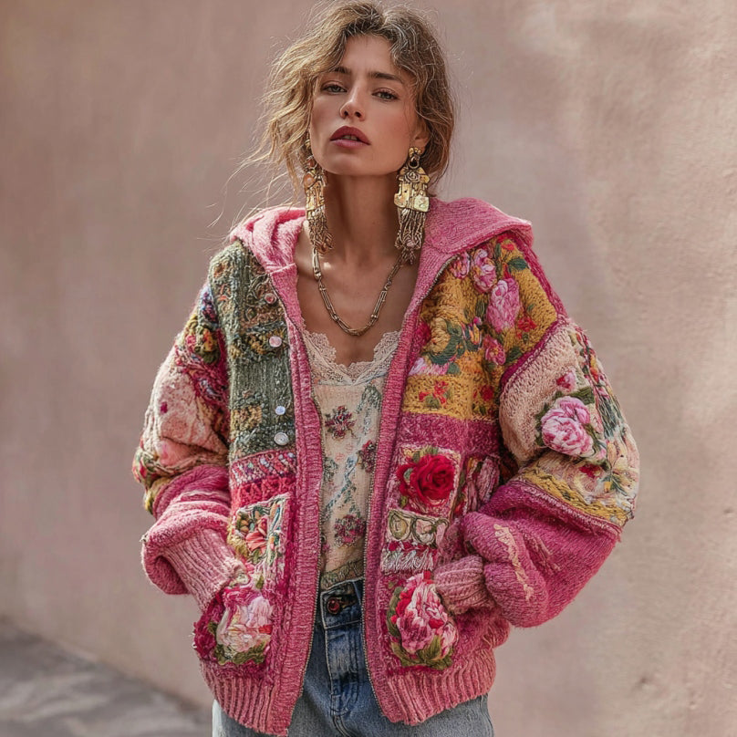 Women's Vintage Bohemian Floral Embroidery Patchwork Art Zipper Knit Hooded Sweater