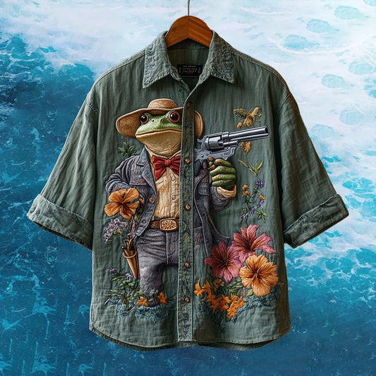 Men's Embroidered Funny Denim Frog Hawaiian Shirt artswardrobe
