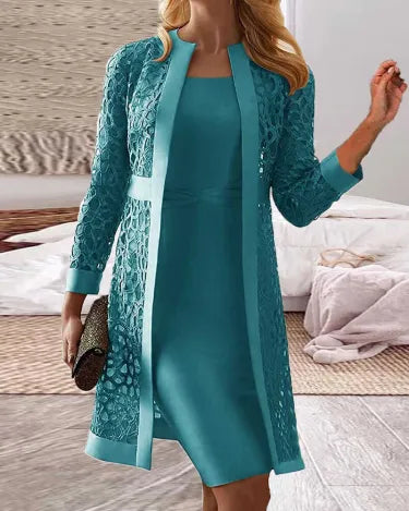 LM | Two-piece set - dress lace cardigan for women