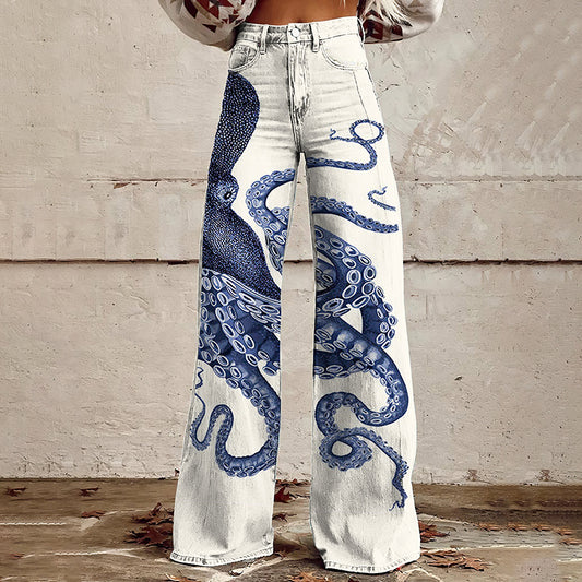 Comstylish Japanese Art Octopus Print Wide Leg Jeans
