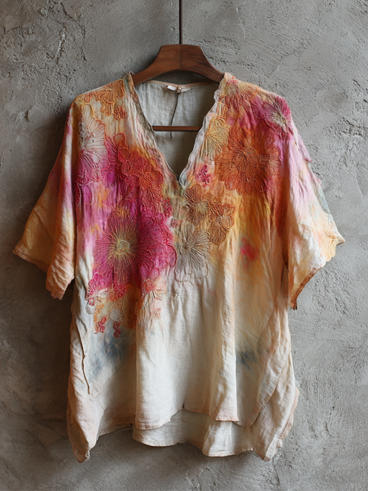 Bohemian-style Pink Floral Embroidery V-neck Short-sleeved Shirt With Sequins artswardrobe