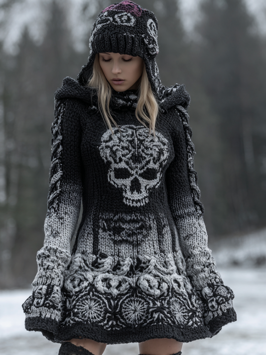 Halloween Viking Style Lady Hooded Knit Sweater Dress elevenforest