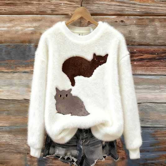 Fun Cat Pattern Women's Round Neck Flannel Sweatshirt elevenforest
