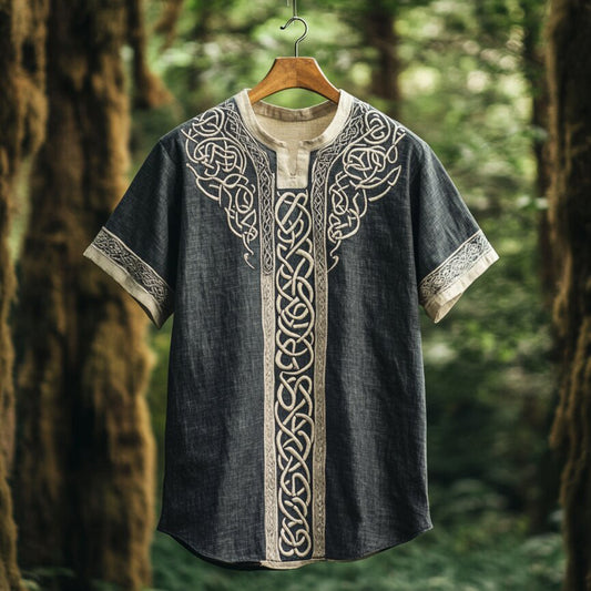 Men's Viking Celtic Embroidery Linen Shirt artswardrobe