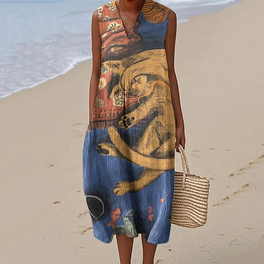 Women's Sleeping Cat Art Print V-neck Dress artswardrobe