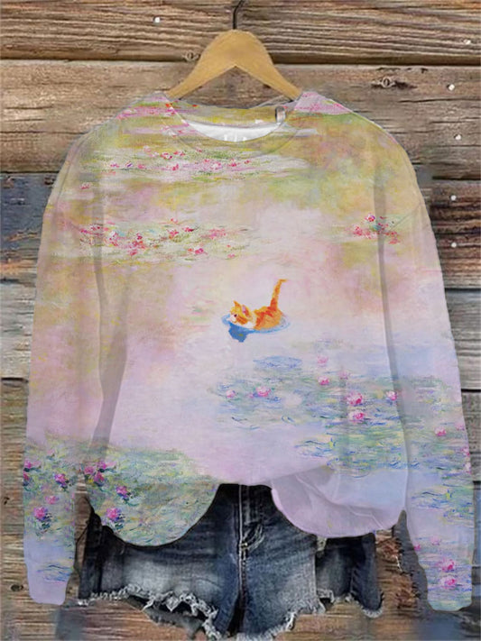 Oil Painting Inspiration Swimming Cat Print Sweatshirt elevenforest