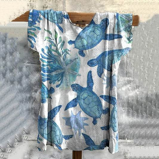Comstylish Turtle Art Print Cotton Crew Neck T-shirt