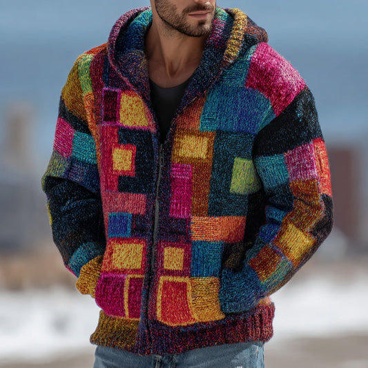 Men's Retro Geometric Knit Warm Hooded Zip-up Sweater artswardrobe