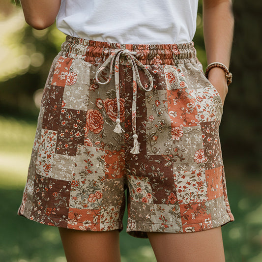 Women's Patchwork Floral Contrast Waist Drawstring Pocket Shorts artswardrobe