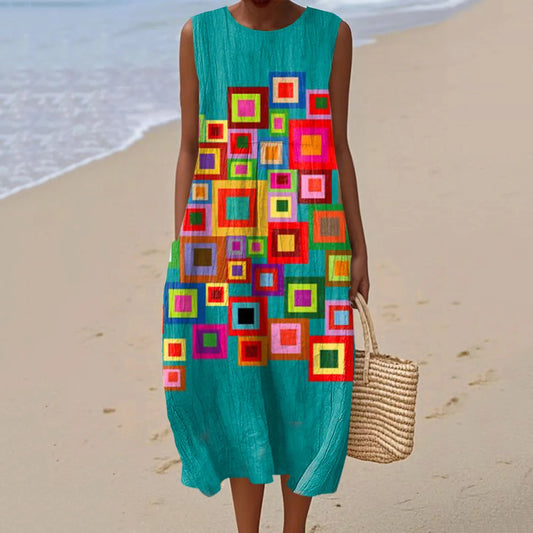 Women's Vintage Abstract Geometric Art Linen Dress artswardrobe