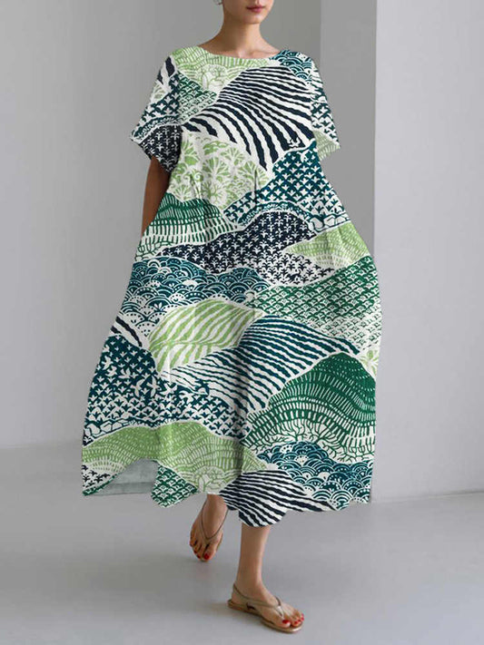 Comstylish Japanese Floral Pattern Short Sleeve Midi Dress