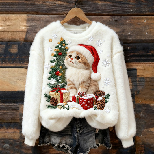 Comstylish Lovely Cat & Christmas Tree Snowflakes Cozy Plush Sweatshirt