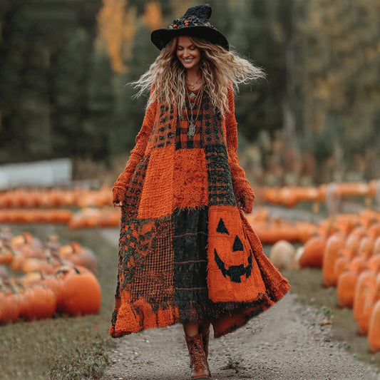 Vintage Halloween Pumpkin Face Patchwork Art Cozy Knit Maxi Dress elevenforest