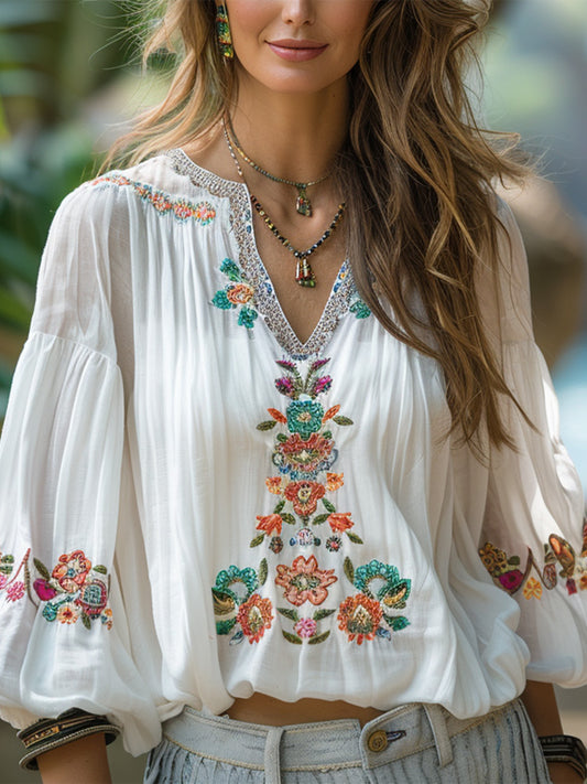 Women's Vintage Linen Bohemian Print Shirt artswardrobe
