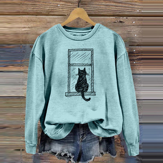 Comstylish Lovely Simple Cat Art Print Vintage Cozy Sweatshirt