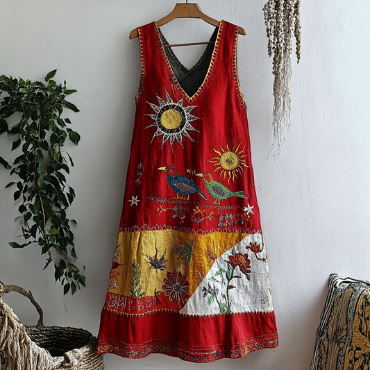 Women's Sun And Bird Art Embroidery Cotton And Linen Dress artswardrobe