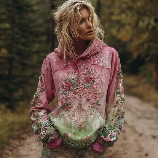 Comstylish Women's Viking Tree Of Life Pink And Green Tie-dye Hoodie