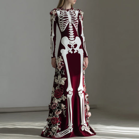 Comstylish Women's Vintage Skull Rose Comfortable Elegant Velvet Maxi Dress