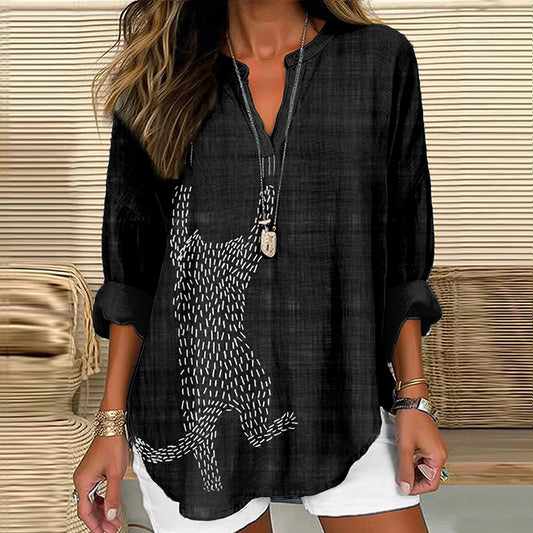 Comstylish Cute Sashiko Cat Japanese Art Cozy Linen Tunic