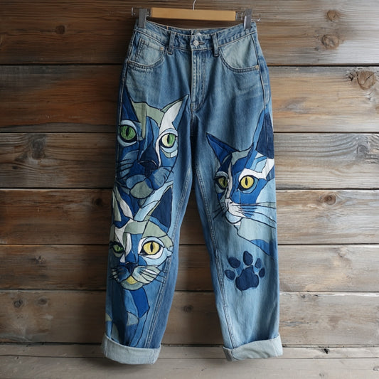Comstylish Vintage Cat Embroidered Washed Jeans