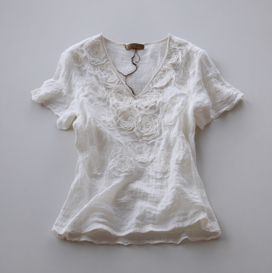 Bohemian Style Woman's V-neck White Rose Short-sleeved Shirt artswardrobe