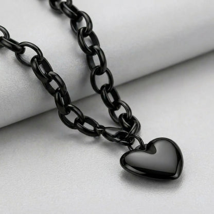 Black Heart Charm Cable Link Bracelet