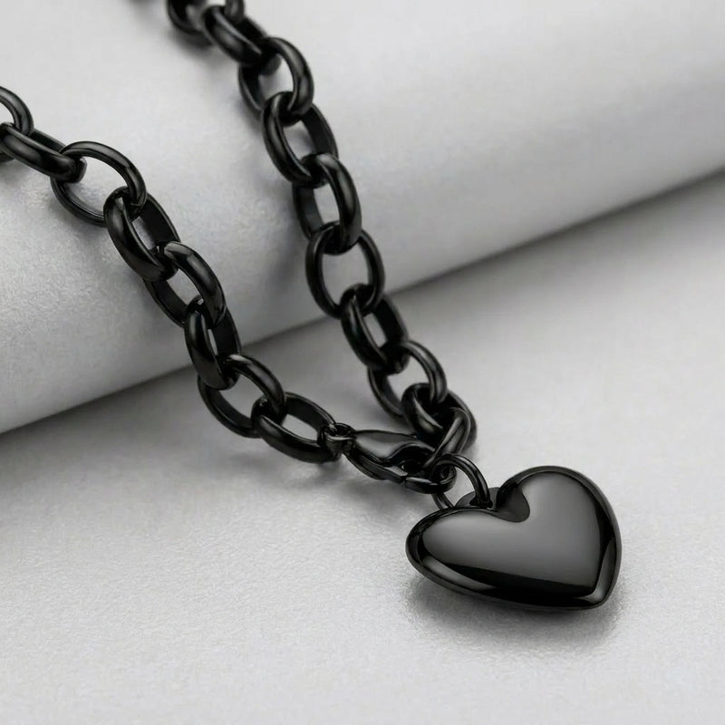 Black Heart Charm Cable Link Bracelet