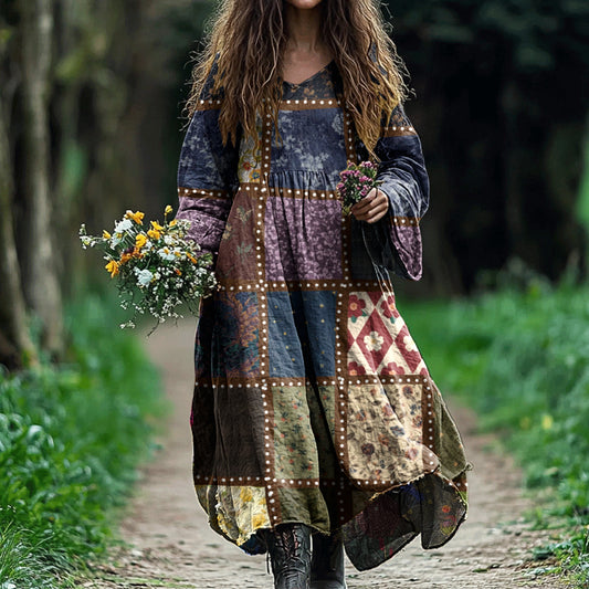 Comstylish Vintage Patchwork Art Cotton Linen Comfy Maxi Dress