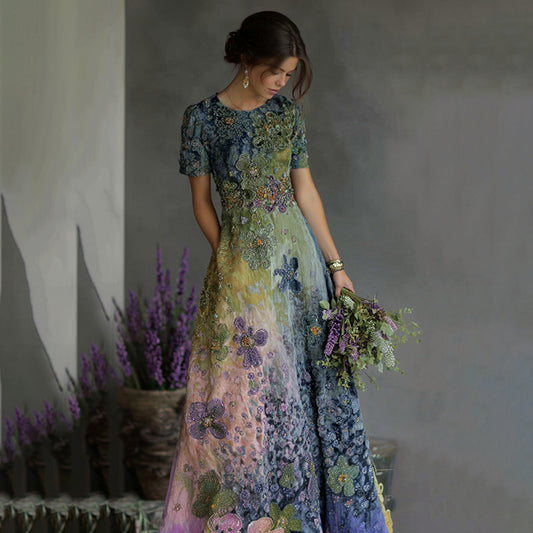 Women's Art Oil Painting Lavender Floral Sequin Gradient Maxi Dress artswardrobe