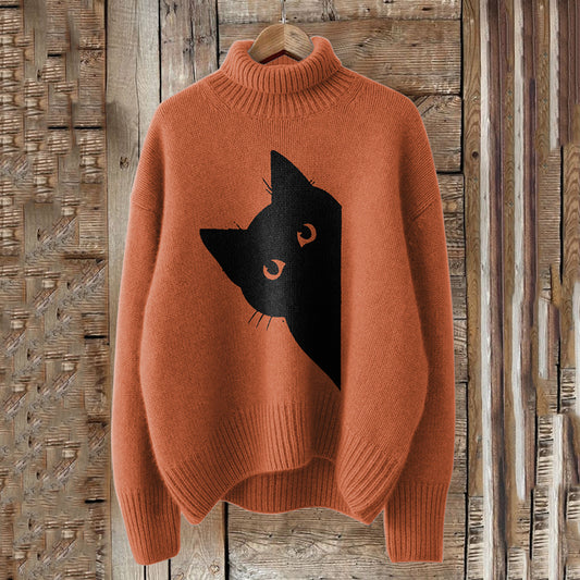 Comstylish Vintage Peek-A-Boo Hiding Black Cat Pattern Print Turtleneck Knitted Cozy Pullover Sweater