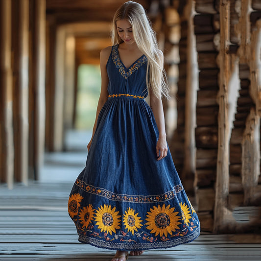 Vintage Sunflowers Floral Embroidered Art Linen Tank Dress artswardrobe