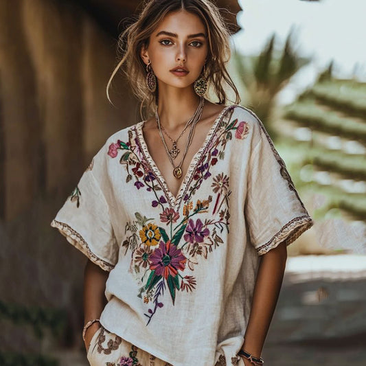 Women's Floral Embroidery Short Sleeve V Neck Casual Linen Top artswardrobe
