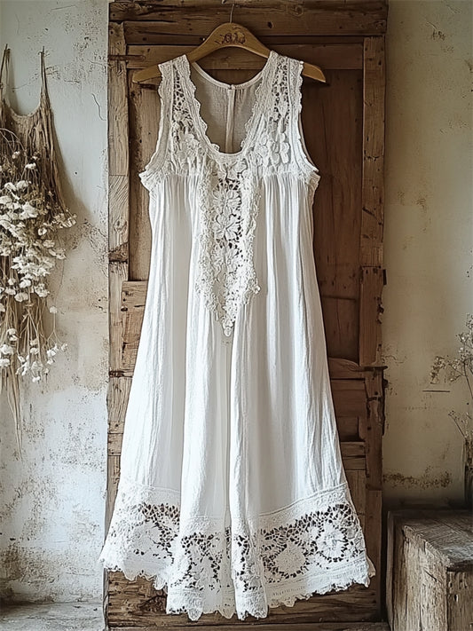 Vintage Floral Hollow Lace Patchwork Linen Tank Dress artswardrobe