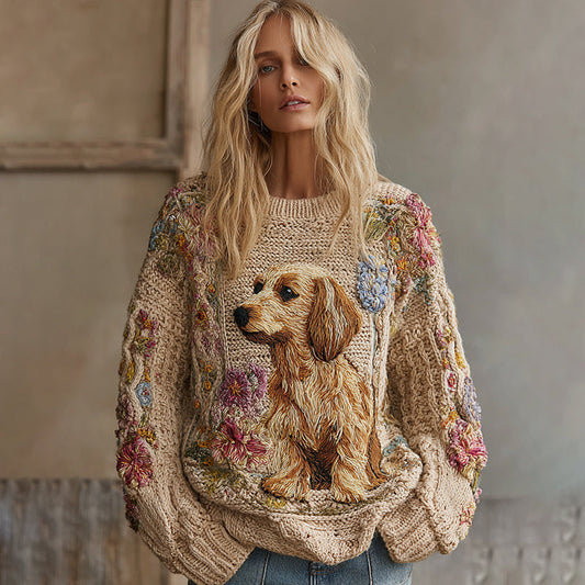 Vintage Boho Flowers And Golden Retriever Cozy Knit Sweater artswardrobe
