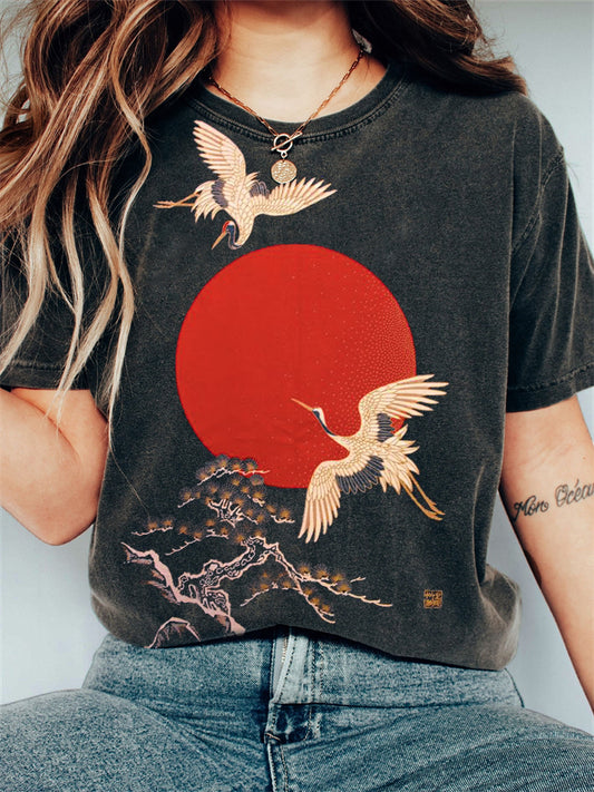 Comstylish Cranes & Sunrise Japanese Art Vintage Washed T Shirt