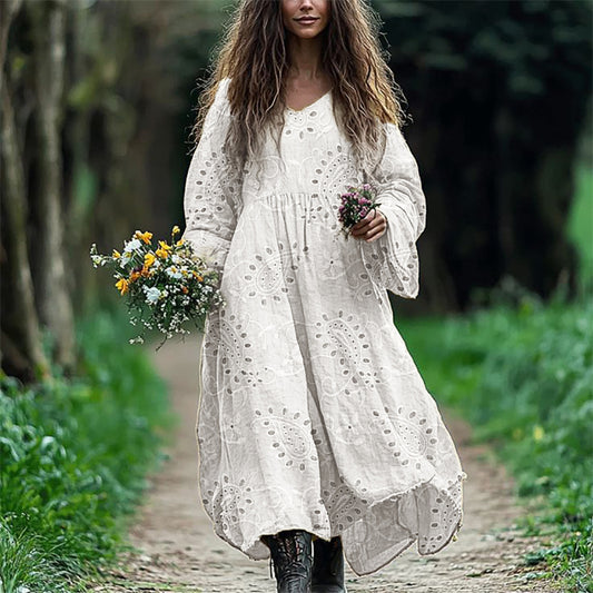 Vintage Western Paisley Floral Embroidered Lace Flowy Linen Dress artswardrobe