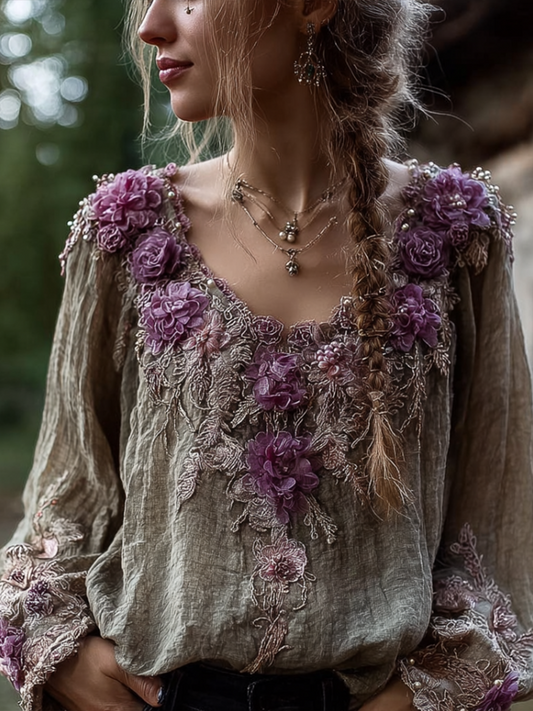 Comstylish Bohemian Style Round Neck Long Sleeve 3d Purple Flower Design Cotton And Linen Top For Women