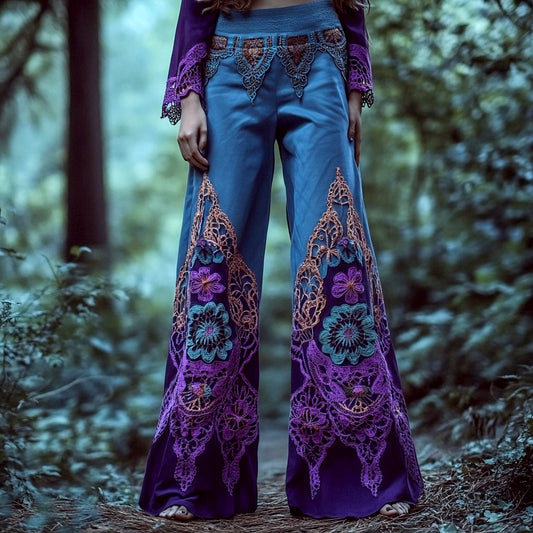 Vintage Purple Floral Lace Embroidered Cotton And Linen Wide-leg Pants artswardrobe