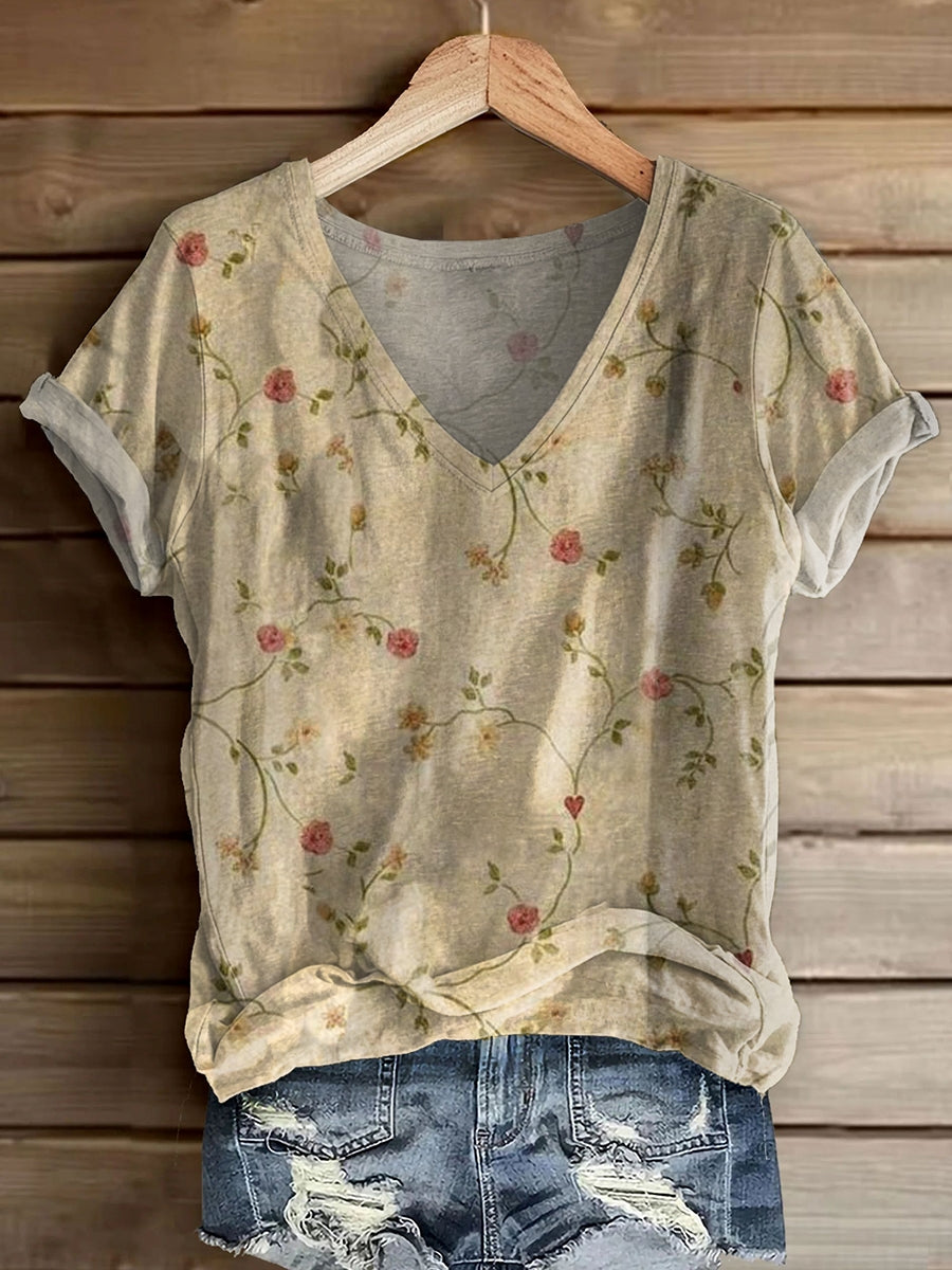 Women's Floral Art Print V-Neck Casual T-Shirt