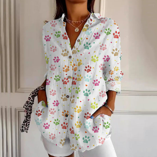 Comstylish Dog Paw Print Long Sleeve Casual Shirt