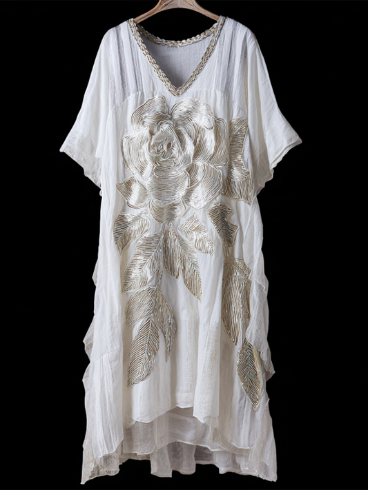 Retro White Rose With Sparkle Women's V-neck Long Dress artswardrobe