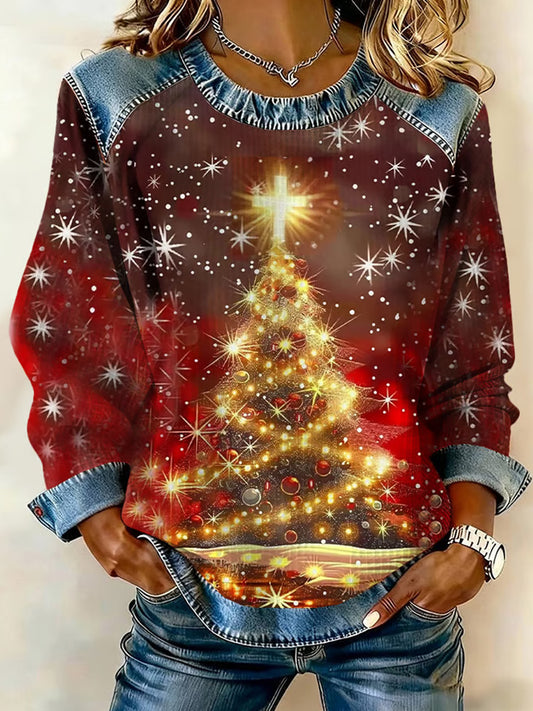 Comstylish Women's Faith Cross Christmas Tree Print Casual Sweatshirt
