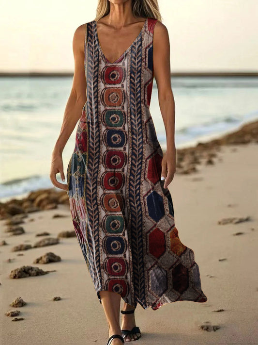 Women's Vintage Ethnic Collage Art Print V Neck Sleeveless Pocket Cott