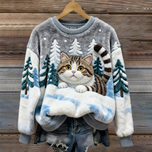 Christmas Cat & Tree Women’s Flannel Sweater elevenforest