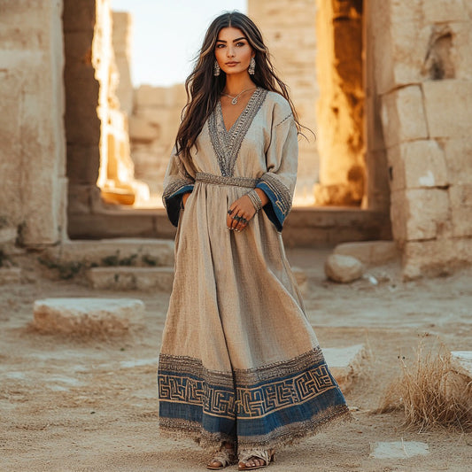 Retro Elegant Greek Key V Neck Linen Blend Maxi Dress artswardrobe